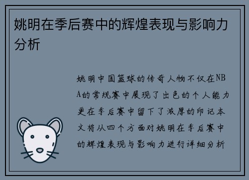 姚明在季后赛中的辉煌表现与影响力分析